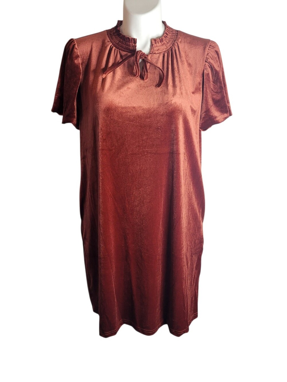T&C Apparel Rust Velvet Puff Sleeve Mini Dress M Tie Neck Holiday Party